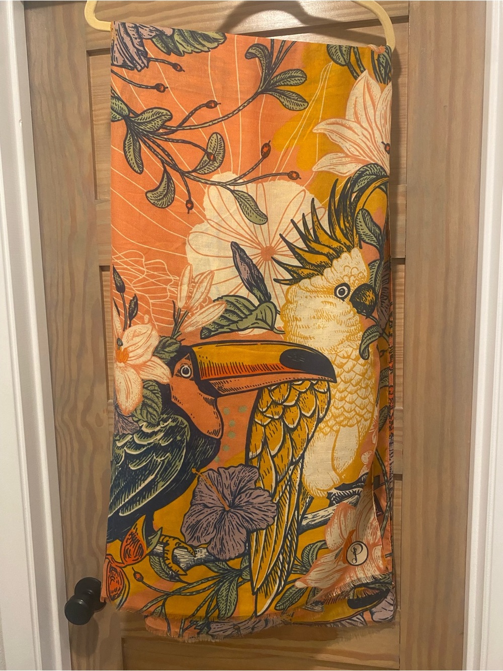Tropical Bird Print Scarf in Orange and Yellow